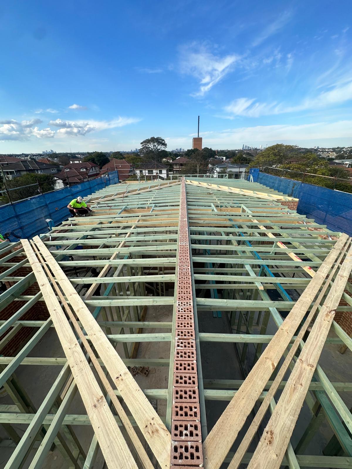 Two-storey timber wall and roof frame